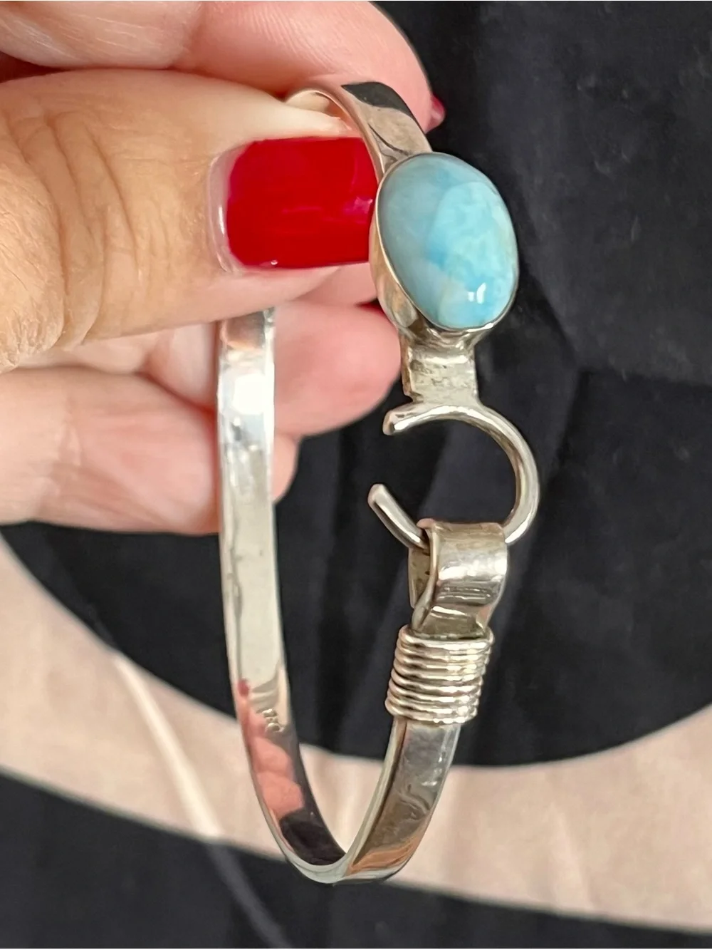 Vintage Sterling Silver Larimar Cabochon Hook Bangle Bracelet — 925